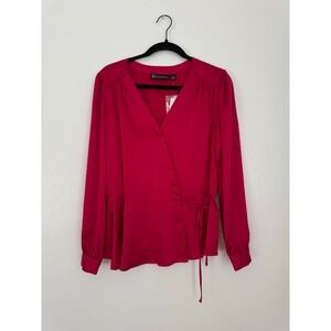 New York & Company Cranberry Satin Wrap Blouse Long‎ Sleeve V-Neck Top Small